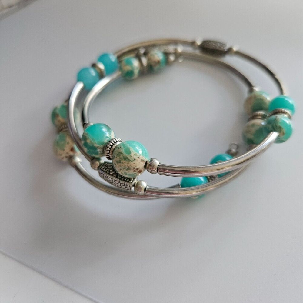 Silver tone layered wrap bracelet blue cream brown